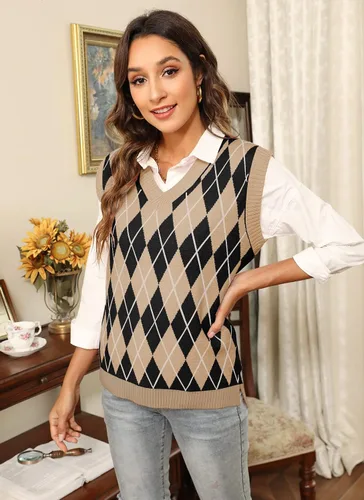 Vista 7 de HOCOSIT Chaleco de punto con cuello en V para mujer, estilo preppy a cuadros, sin mangas, suéter corto
