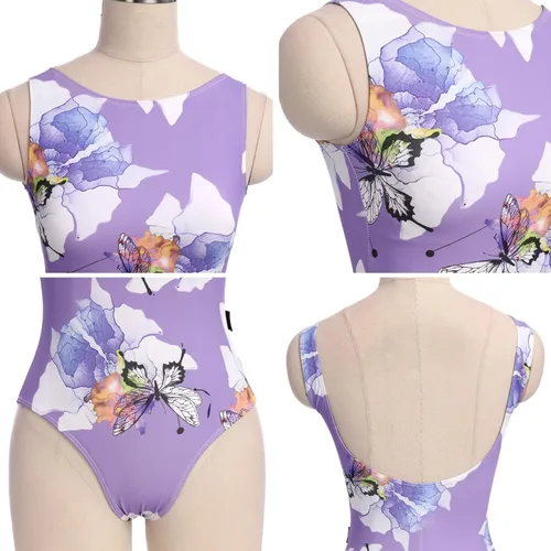 Vista 42 de AFAVOM Leotardos de ballet para mujeres adultas con estampado de flores de mariposa sin espalda, leotardos de gimnasia con brasier y prácticas