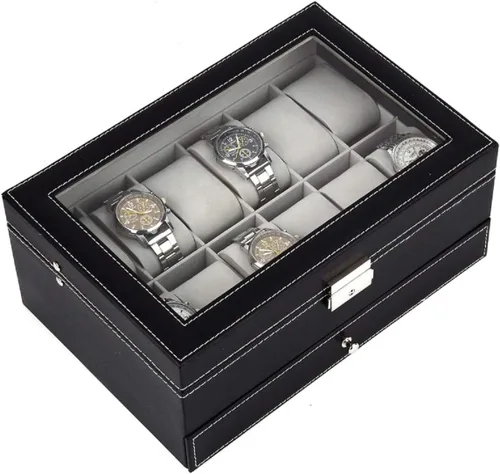 Vista 3 de Tebery Caja de reloj negra con 12 ranuras organizador de piel sintética con cajón de joyería para almacenamiento y exhibición