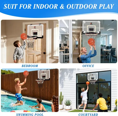 Vista 7 de CYFIE Mini aro de baloncesto para interiores para niños con luz LED, ventosa/aro de baloncesto sobre la puerta con marcador y 3 bolas, juguetes