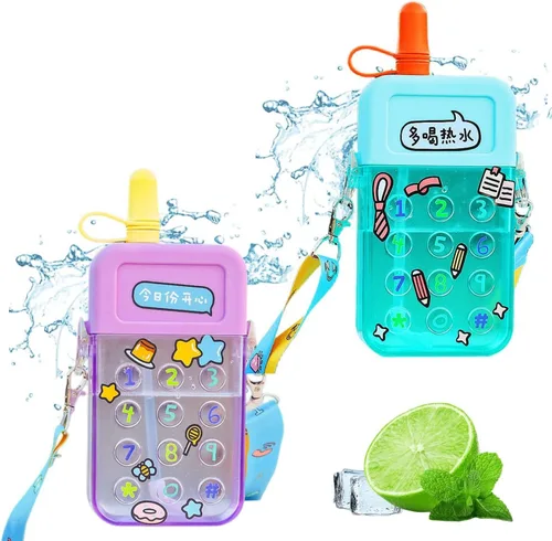 Vista 8 de 2 botellas de agua lindas con pajillas, creativas Kawaii en forma de galleta de plástico a prueba de fugas con correa ajustable para el hombro