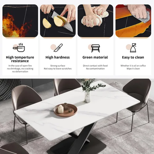 Vista 6 de Juego de mesa de comedor de mármol sintético, mesa de comedor rectangular de 63 pulgadas con mesa de piedra sinterizada y base de acero al carbono