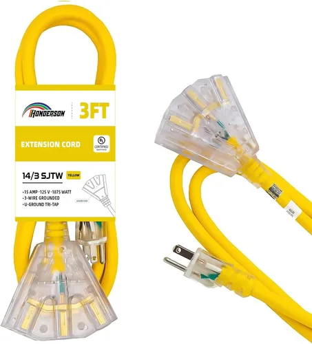 Vista 46 de Cable de extensión GFCI iluminado de 3 pies con 3 tomas de corriente, cable de extensión negro resistente SJTW 12/3 con enchufe a tierra de 3