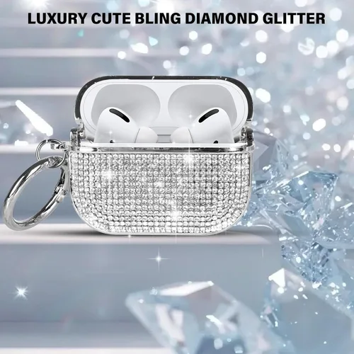 Vista 4 de LUVI Funda para AirPods 3 con diamantes de imitación brillantes y brillantes, bonita funda para niñas y mujeres, carga inalámbrica, piel de lujo