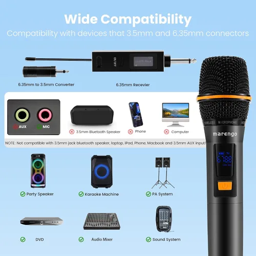 Vista 2 de Micrófonos inalámbricos, micrófono profesional UHF de metal dual para karaoke inalámbrico con receptor recargable (260 pies), conectar y usar
