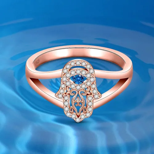 Vista 4 de Hamsa - Anillo para el mal de ojo para mujer, anillo de plata de ley con mano de Fátima, oro rosa, protección espiritual de la buena suerte, amuleto
