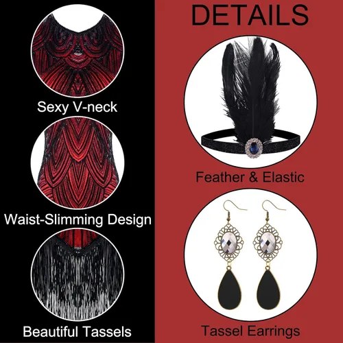 Vista 4 de PLULON Vestidos de los años 20 para mujer, vestidos de cóctel Gatsby con flecos de lentejuelas con juego de accesorios de los años 20, disfraces