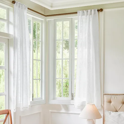 Vista 24 de 2 paneles de cortinas de lino transparente natural de 45 pulgadas, color beige para ventanas pequeñas, bolsillo con pestaña trasera, cortinas cortas