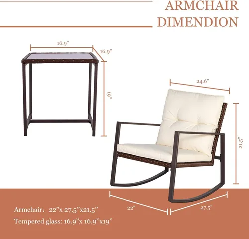 Vista 6 de SUNCROWN Juego de muebles de patio para exteriores, 3 piezas, mecedora de mimbre para todo tipo de clima, juegos de conversación con mesa de centro