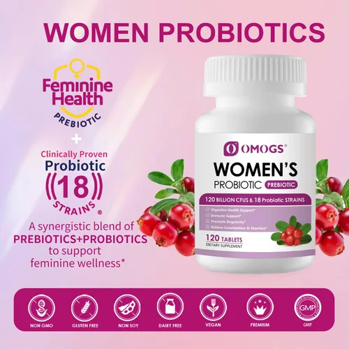 Vista 4 de OMOGS Probiótico para mujeres, con extracto de arándano, prebióticos orgánicos y vitamina C, 90 mil millones de CFU, 18 cepas, ayuda para aumentar