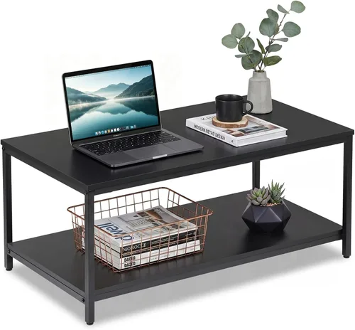 Vista 15 de SUPER DEAL - Mesa de café industrial de 2 niveles con estante de almacenamiento para apartamento pequeño, sala de estar, mesa auxiliar rectangular