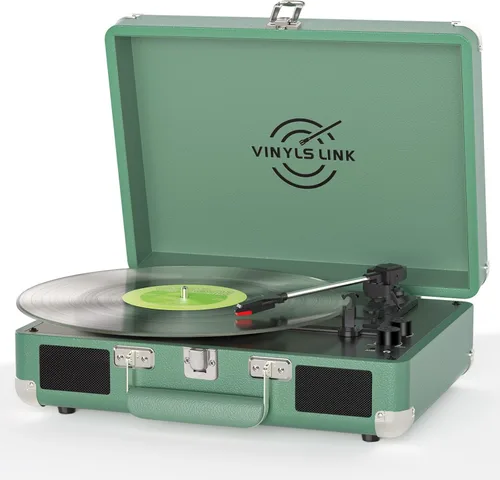 Vista 16 de VINYLSLINK Reproductor de discos de vinilo con Bluetooth, tocadiscos portátil de 3 velocidades con control de agudos y graves, altavoces estéreo