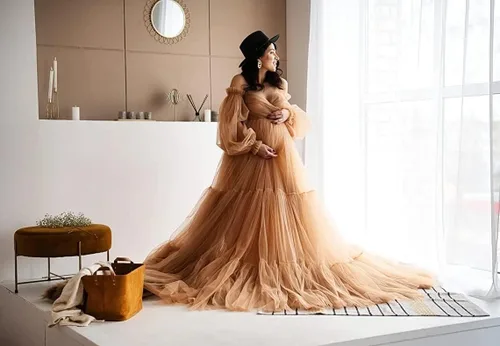 Vista 6 de Vestidos de maternidad de tul para sesión de fotos, batas de hombros descubiertos, manga larga, lencería nupcial, baby shower, vestidos de embarazo
