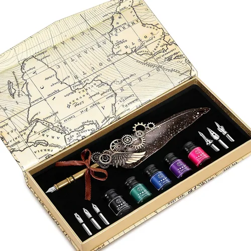 Vista 8 de NC Juego de tinta de plumas, incluye 5 botellas de tinta y 6 puntas reemplazables, bolígrafo mecánico para escribir, letras, diario, firma, Azul