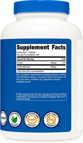 Vista 5 de Nutricost Bitartrato de Colina (650mg) 240 Cápsulas Vegetarianas