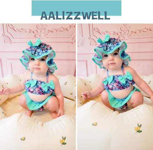 Vista 3 de Aalizzwell Conjunto de bikini de 3 piezas para niñas pequeñas con sombrero