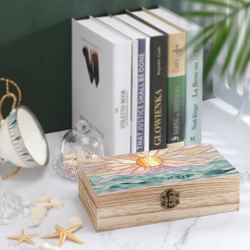 Vista 4 de Sunset Ocean Waves Wooden Storage Box with Hinged Lock,Decorative Handmade Keepsake Jewelry Chest, Elegant Retro Decor Boxes, Compact Organizer Box