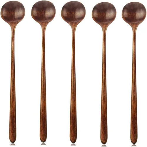 Vista 10 de 1 cuchara de madera de olivo, 11 pulgadas, estilo coreano, mango largo, cucharas redondas ranuradas de madera para mermelada de oliva