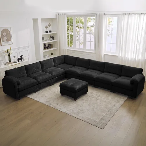 Vista 20 de Sofá modular de 61 pulgadas con otomana, asiento extra profundo para sala de estar, sofá de asiento profundo de pana con almohadas para Beige