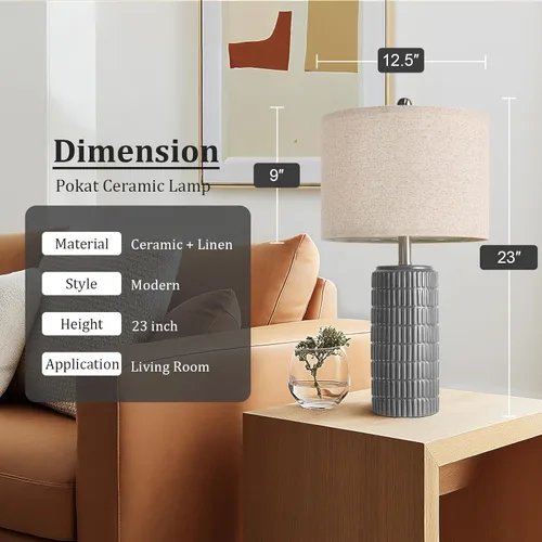 Vista 4 de PoKat Juego de 2 lámparas de mesa de cerámica gris oscuro de 23 pulgadas para sala de estar, lámparas de noche modernas para dormitorio, lámpara