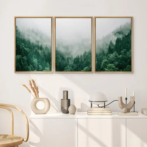 Vista 548 de SIGNWIN Lienzo enmarcado para pared, juego de arte pastel con cadena montañosa, bosque, niebla, naturaleza silvestre, ilustraciones modernas, arte