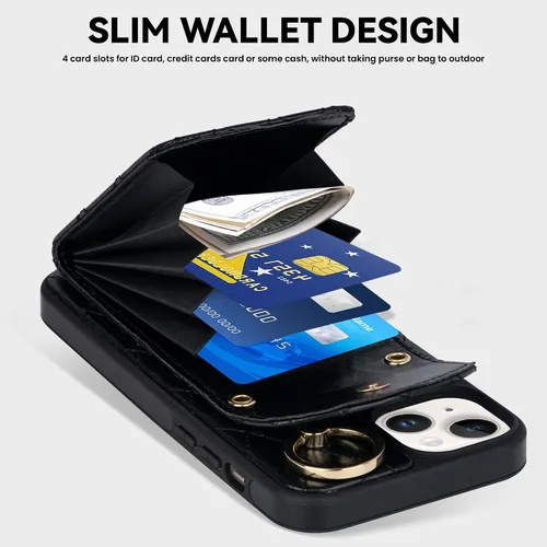 Vista 2 de Funda para iPhone 15 Plus de 6.7 pulgadas, cartera cruzada con bloqueo RFID, 4 ranuras para tarjetas, soporte de anillo de 360°, funda protectora