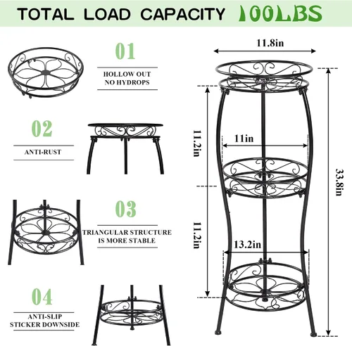 Vista 3 de VECELO Soporte de metal para plantas de 3 niveles para interiores, resistente al óxido, estable de 33.8 pulgadas de alto, soporte decorativo