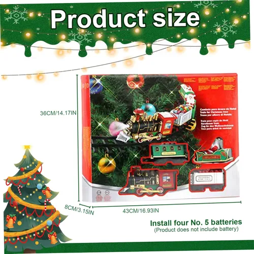 Vista 6 de Juego de tren de árbol de Navidad con luz y sonido colgante de tren de Navidad con locomotora, coche de carbón, carro, trineo y pistas árbol