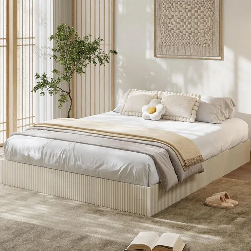 Vista 22 de Garvee Marco de cama individual, cama de plataforma de madera con diseño estriado Base de cama de perfil bajo, base de cama minimalista sin ruido