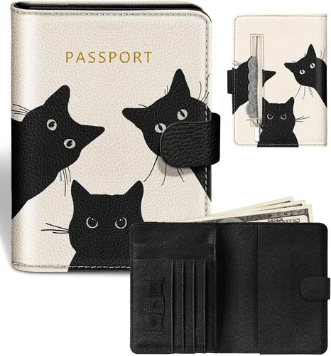 Vista 12 de Slohif Funda para pasaporte para viajes, para mujeres y hombres, bloqueo RFID, protector de pasaporte para tarjetas de tarjeta de embarque, Negro