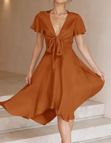 Vista 2 de ZESICA Vestido de fiesta de cóctel para mujer, sexy, de satén, cuello en V, manga corta, con volantes en la parte delantera, acampanado, con vuelo