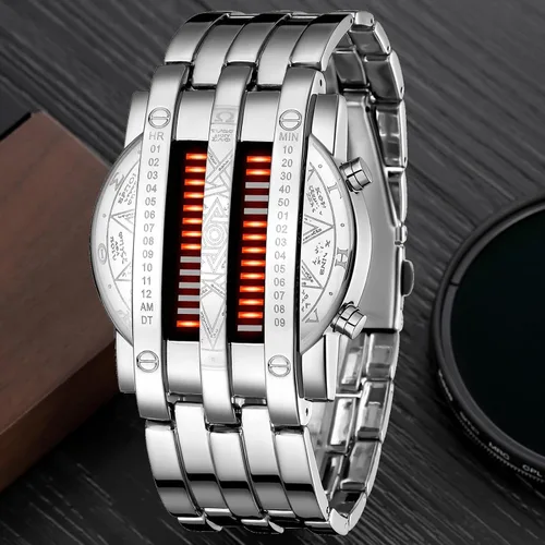 Vista 2 de Binary Matrix Blue led - Reloj Digital para hombre, moda clásica y creativa, color negro chapado