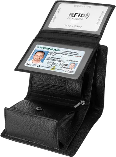 Vista 8 de Billetera Triple de Cuero Vacuno con Bloqueo RFID para Hombres, 10 Ranuras para Tarjetas, 2 Ventanas de Identificación con Bolsillo para Monedas