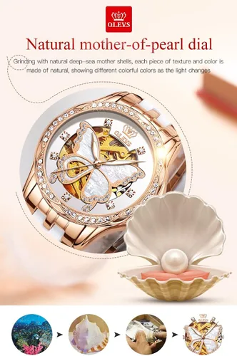 Vista 4 de OLEVS Reloj mecánico automático para mujer, correa de cuero, cuerda automática, reloj de pulsera para mujer, esfera de corazón de diamante