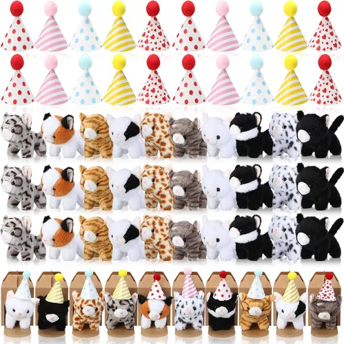 Vista 10 de Juego de 20 Mini Juguetes de Peluche Animales de Peluche Perros con Sombreros de Cumpleaños Cajas de Papel Kraft Cachorros de Peluche Pequeños