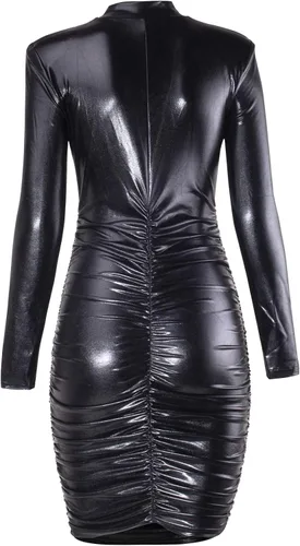 Vista 5 de GUXMO Vestido ajustado de manga larga para mujer, con brillantina, sexy, fruncido, con almohadillas para los hombros, para fiesta, club, noche