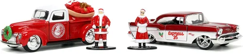 Vista 3 de Jada Toys Holiday Rides 1:32 1941 Ford Pickup y 1957 Chevy Bel-Air - Coche fundido a presión con figura de Papá Noel y Sra. Santa Claus de 1.65