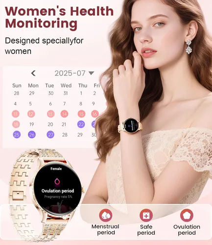 Vista 5 de Relojes inteligentes para mujeres con pantalla AMOLED de 1.32", llamadas por Bluetooth, 121 modos deportivos, monitor de frecuencia cardíaca