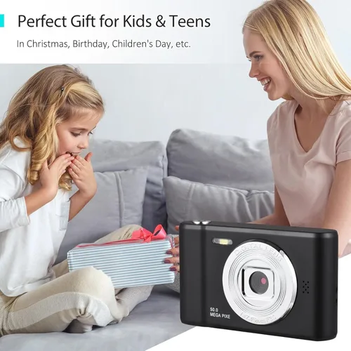 Vista 4 de Acuvar Cámara digital, cámara FHD 1080P para niños, cámara de 50 MP para apuntar y disparar con zoom de 16X antivibración, cámara pequeña portátil