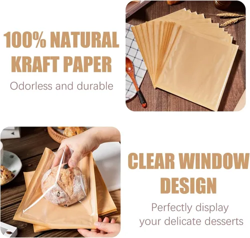 Vista 4 de ZORRITA Bolsas de panadería termosellables con ventana, paquete de 200, 7.1 x 7.5 pulgadas Papel Kraft, resistente a la grasa, bolsas de bagel