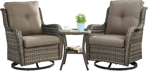 Vista 115 de HUMMUH Juego de 2 Sillas Giratorias Mecedoras de Mimbre para Patio Exterior, Juego de Muebles de Sillas Mecedoras de Ratán (Marrón, Azul) 50,000