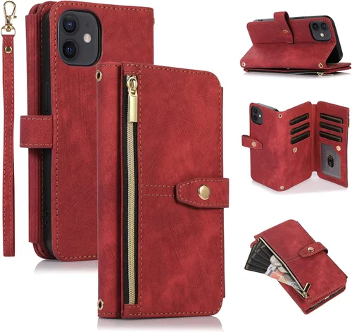 Vista 9 de UEEBAI Funda tipo cartera para iPhone 11 de 6.1 pulgadas, 9 ranuras para tarjetas retro con bolsillo con cremallera, cierre magnético, función atril