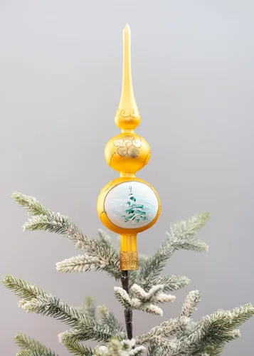 Vista 6 de Adorno para la Copa del Árbol de Navidad Spitz de Vidrio Soplado, Adornos Dorados/Plateados Decorados a Mano (13 Pulgadas / 33cm, Dorado)