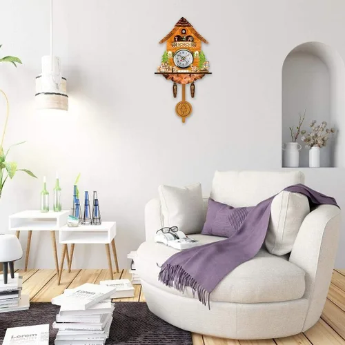 Vista 5 de FITBEST Reloj de cuco tradicional de madera hecho a mano con pájaros, funciona con pilas, reloj de cuarzo de péndulo de pared para decoración
