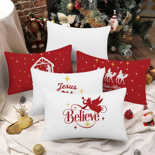 Vista 6 de Fundas de Almohada de Navidad de 12x20 Pulgadas, Juego de 4, Fundas de Almohada Religiosas de Natividad, Fundas de Almohada Decorativas Rojas