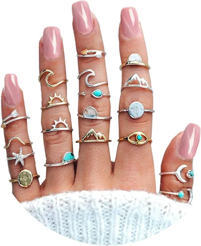 Vista 6 de Juego de 62-101 anillos vintage para nudillos, apilables por debajo de la rodilla para mujeres, adolescentes, niñas, anillos bohemios dorados