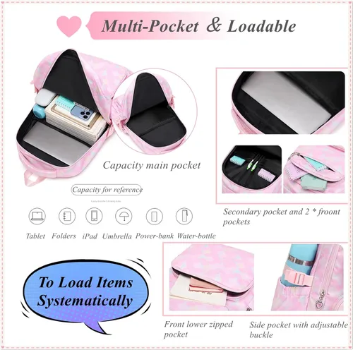 Vista 4 de Juego de 3 mochilas para niñas con bolsa de almuerzo a juego, mochila escolar para niñas