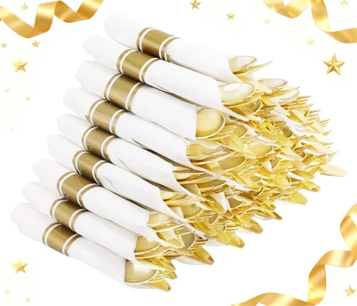Vista 13 de Supernal 200 cubiertos de plástico dorado con servilletas de bolsillo, 50 juegos, cubiertos desechables resistentes con servilletas blancas, vajilla