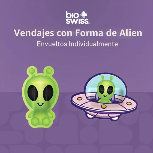 Vista 2 de BioSwiss Vendajes, juego de vendajes autoadhesivos en forma de alienígena de Halloween, sin látex, cuidado de heridas estériles, 24