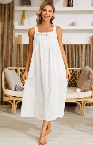 Vista 3 de YOZLY Camisones de algodón para mujer, sin mangas, bordados, con bolsillos, S-XXL